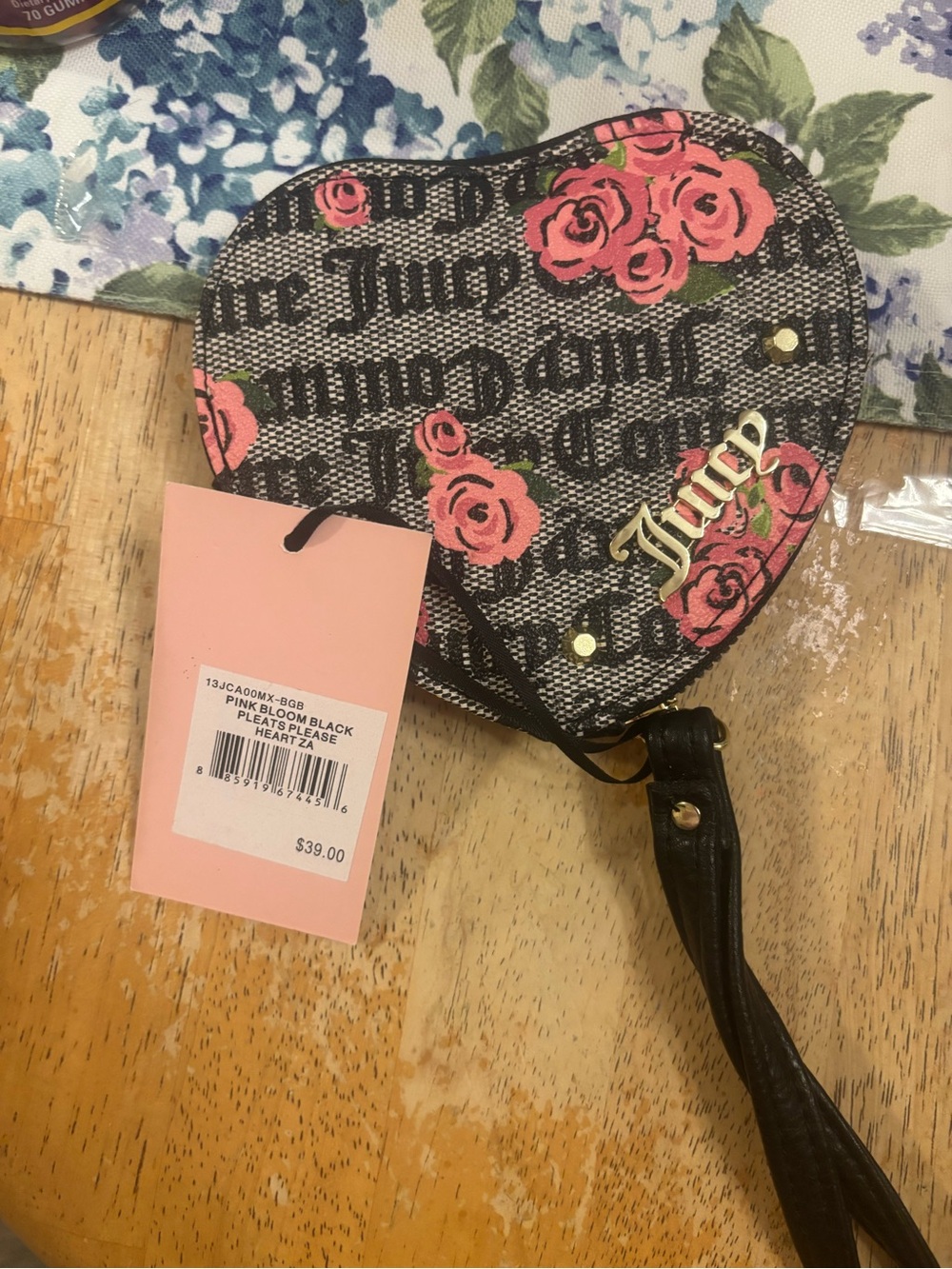 Juicy Couture Black Heart Wristlet with Pink Rose Print